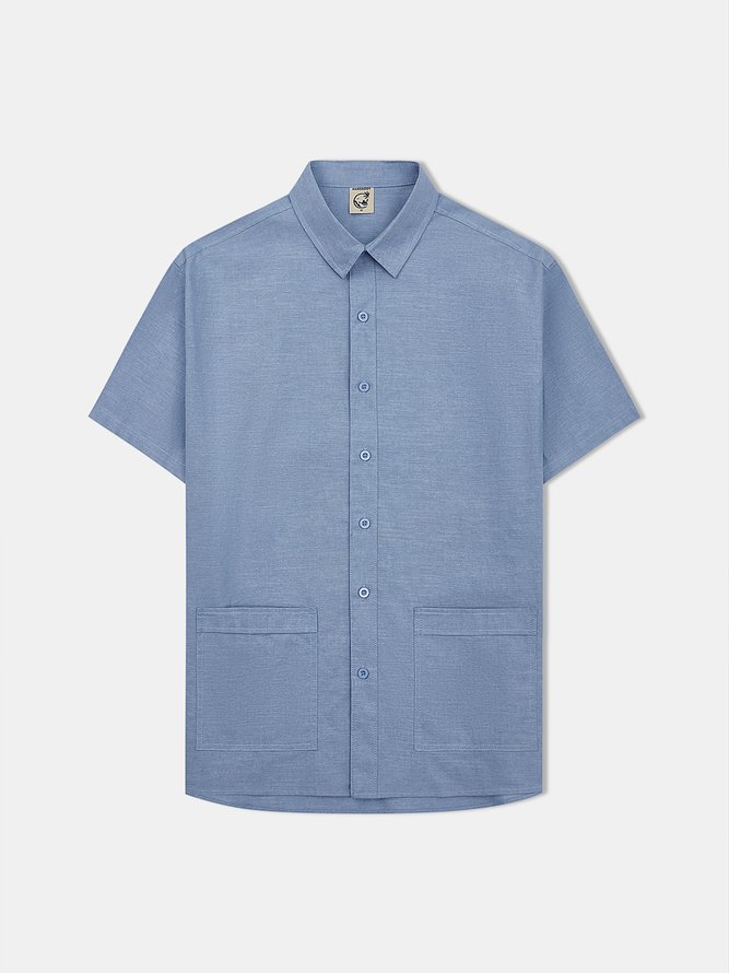 Side view of Men Casual Plain Summer Cotton Natural Moisture Permeability Loose Commuting Regular Aloha Shirts