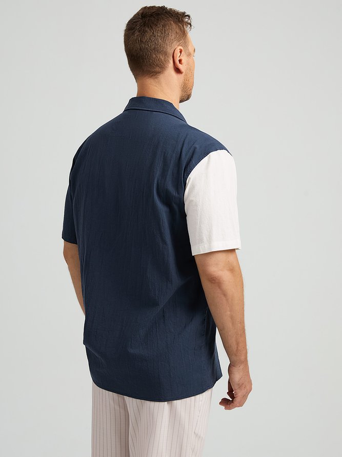 Side view of Men Casual Color Block Summer Natural Breathable Commuting Short Sleeve Cotton Camp Collar Aloha Shirts