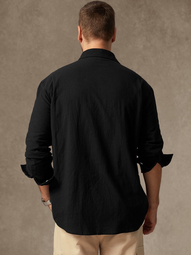 Side view of Men Casual Spring/Fall Coconut Tree Breathable Commuting Long Sleeve Cotton Regular Shirt Collar Aloha Shirts