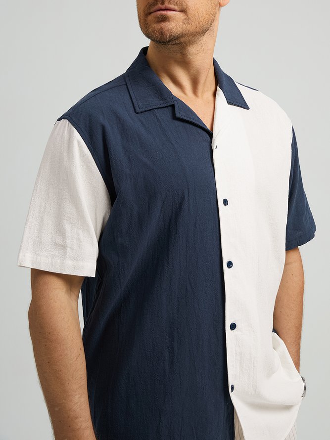 Side view of Men Casual Color Block Summer Natural Breathable Commuting Short Sleeve Cotton Camp Collar Aloha Shirts