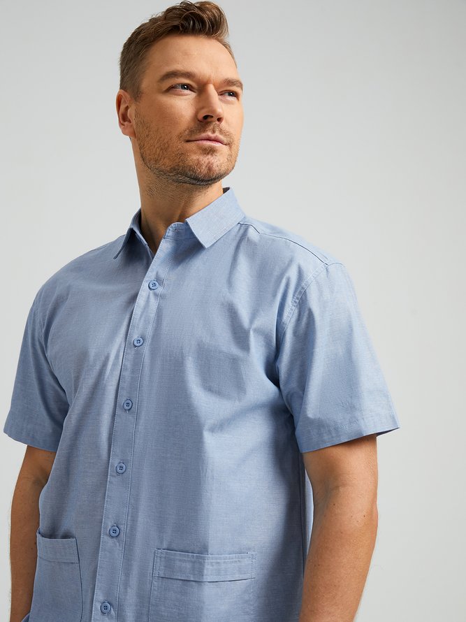 Side view of Men Casual Plain Summer Cotton Natural Moisture Permeability Loose Commuting Regular Aloha Shirts