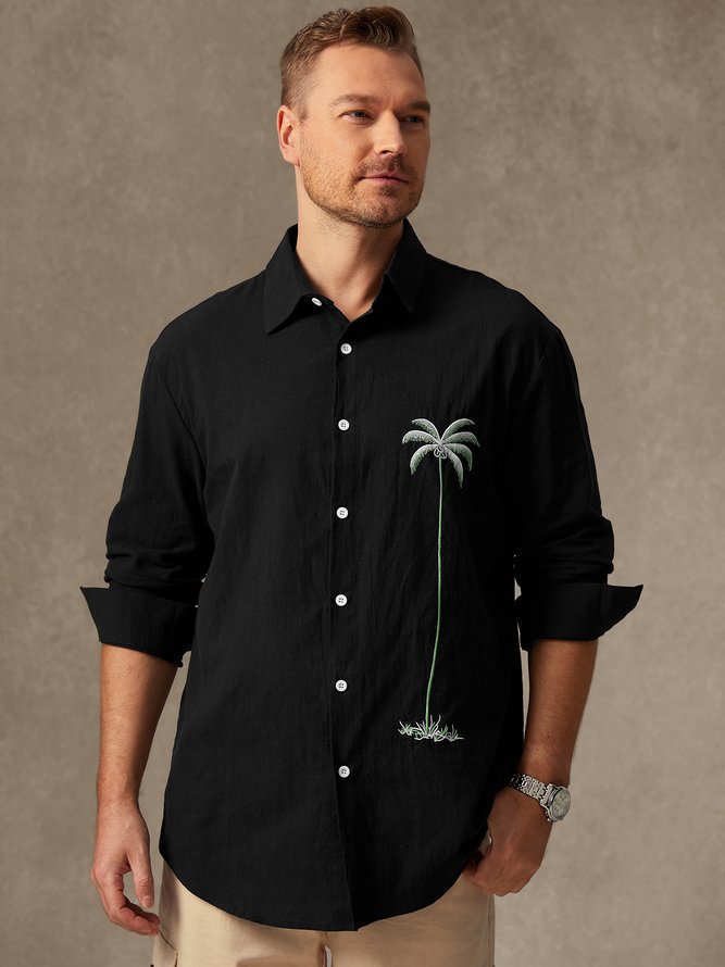 Side view of Men Casual Spring/Fall Coconut Tree Breathable Commuting Long Sleeve Cotton Regular Shirt Collar Aloha Shirts
