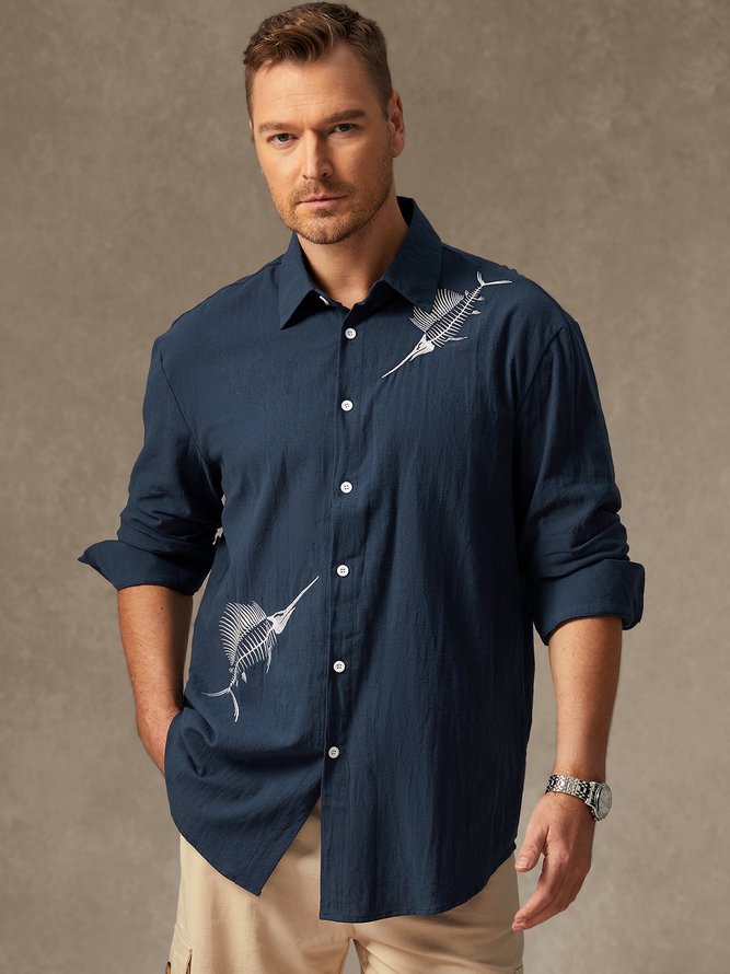 Side view of Men Casual Spring/Fall Fish No Elasticity Breathable Loose Long Sleeve Regular Shirt Collar Aloha Shirts
