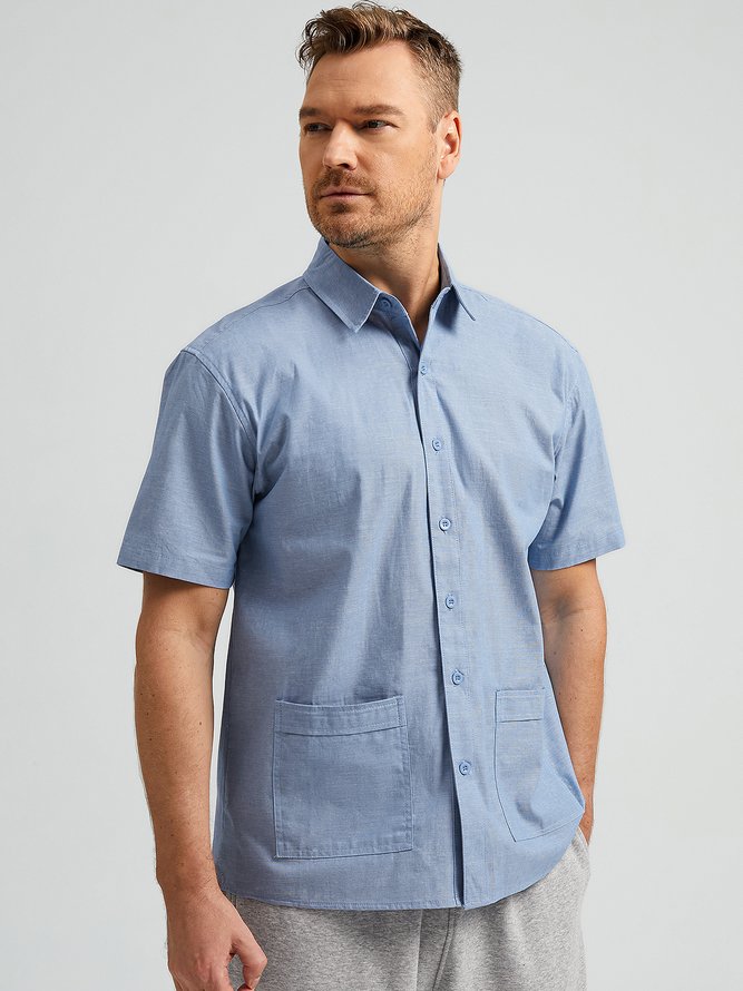 Side view of Men Casual Plain Summer Cotton Natural Moisture Permeability Loose Commuting Regular Aloha Shirts