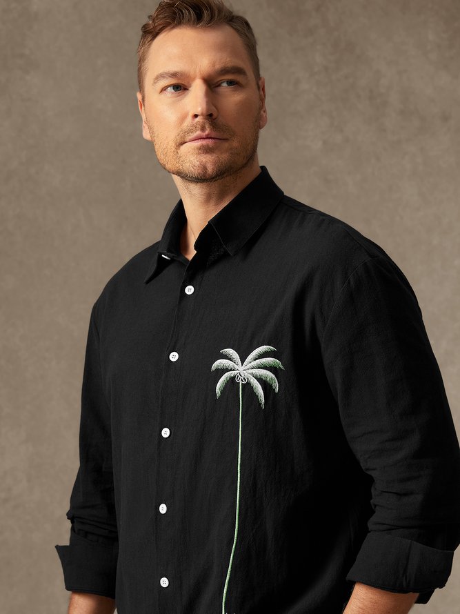 Side view of Men Casual Spring/Fall Coconut Tree Breathable Commuting Long Sleeve Cotton Regular Shirt Collar Aloha Shirts