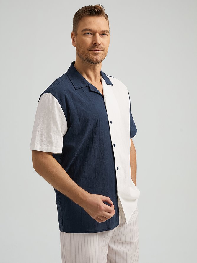 Side view of Men Casual Color Block Summer Natural Breathable Commuting Short Sleeve Cotton Camp Collar Aloha Shirts