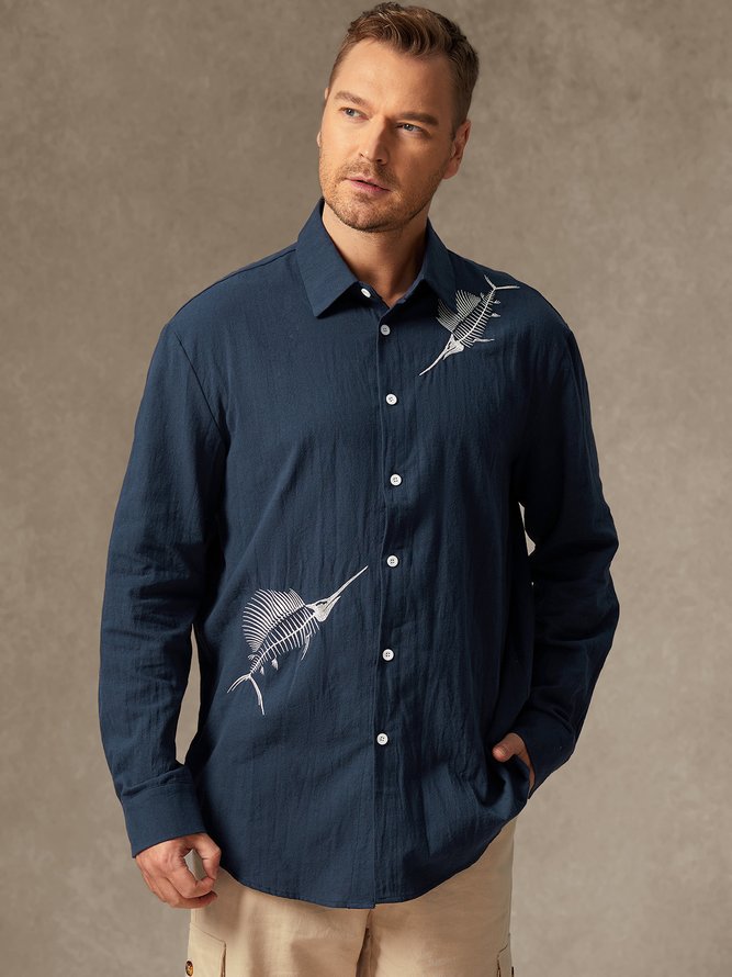 Side view of Men Casual Spring/Fall Fish No Elasticity Breathable Loose Long Sleeve Regular Shirt Collar Aloha Shirts