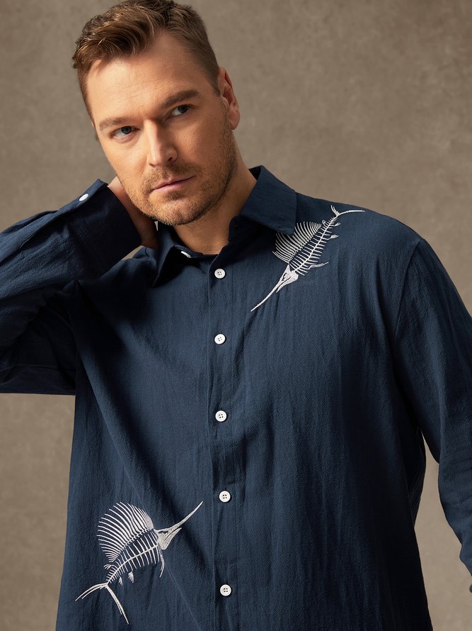 Side view of Men Casual Spring/Fall Fish No Elasticity Breathable Loose Long Sleeve Regular Shirt Collar Aloha Shirts