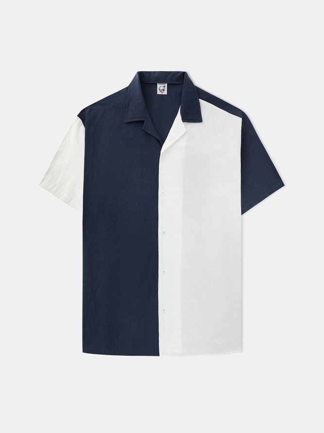 Side view of Men Casual Color Block Summer Natural Breathable Commuting Short Sleeve Cotton Camp Collar Aloha Shirts