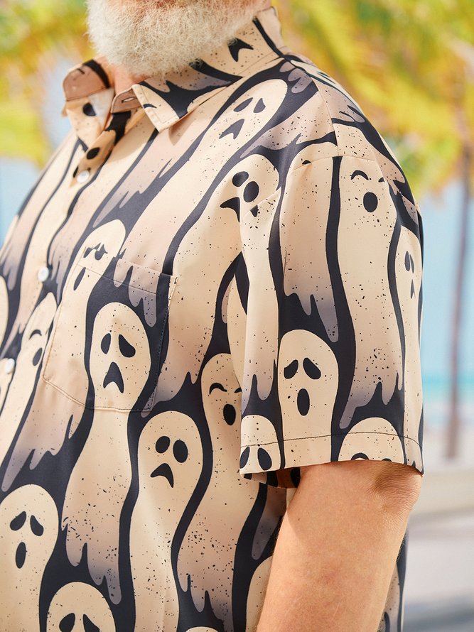 Side view of Men Casual Summer Halloween Polyester Lightweight Micro-Elasticity Oversize Regular Pocket Stitching Aloha Shirts