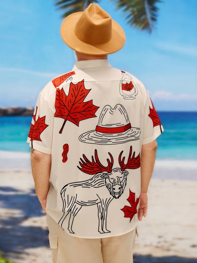 Side view of Men Casual Plants Summer Polyester Micro-Elasticity Holiday Short Sleeve H-Line Plus Size Aloha Shirts