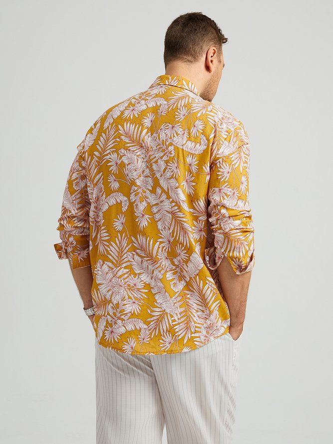 Side view of Men Casual Spring/Fall Plants No Elasticity Moisture Permeability Cotton H-Line Regular Shirt Collar Aloha Shirts