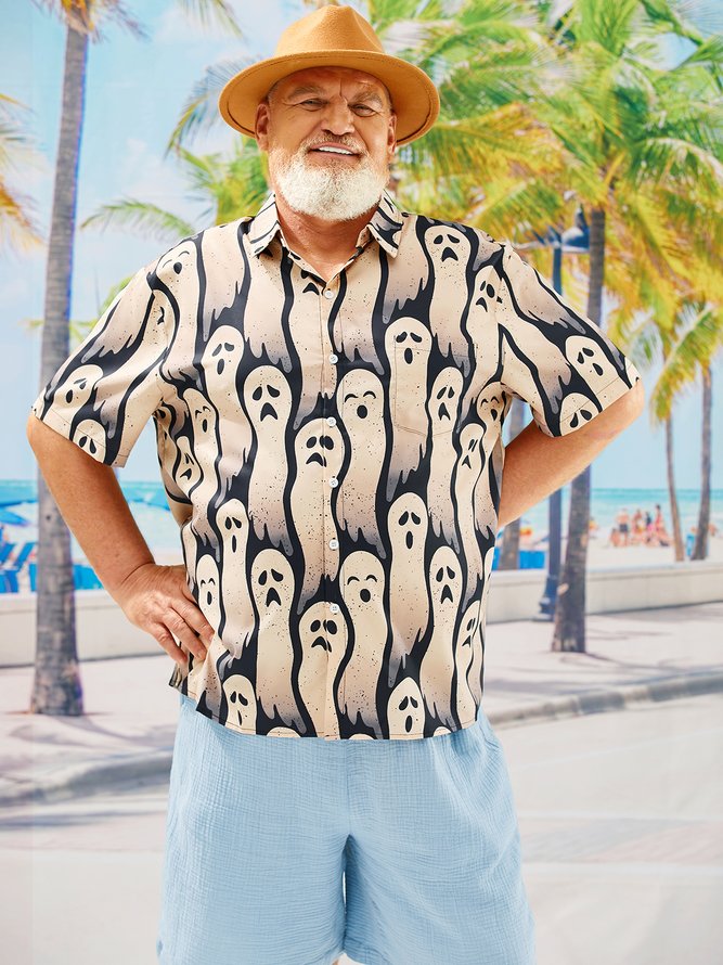 Side view of Men Casual Summer Halloween Polyester Lightweight Micro-Elasticity Oversize Regular Pocket Stitching Aloha Shirts