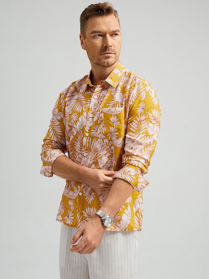 Side view of Men Casual Spring/Fall Plants No Elasticity Moisture Permeability Cotton H-Line Regular Shirt Collar Aloha Shirts