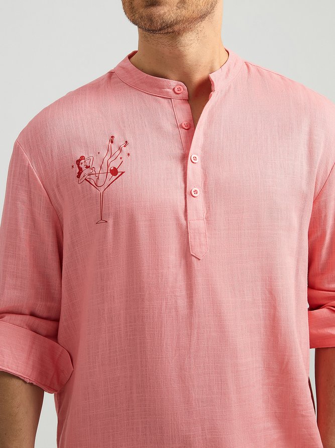 Side view of Men Casual Spring/Fall Hula Girl Stand Collar Natural Breathable Loose Commuting Cotton Aloha Shirts