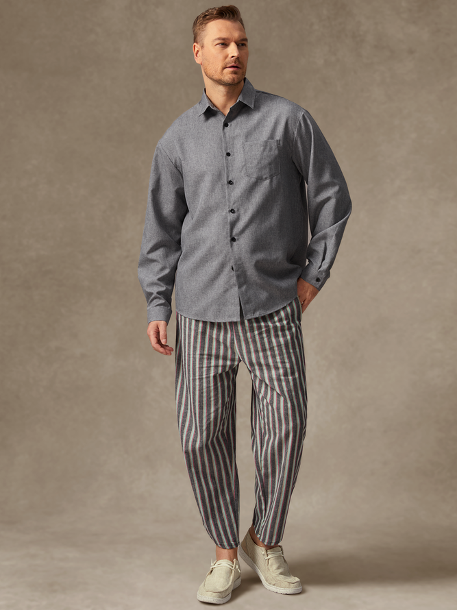 Side view of Men Striped Casual Spring/Fall Natural No Elasticity Capris Cotton H-Line Regular Pants