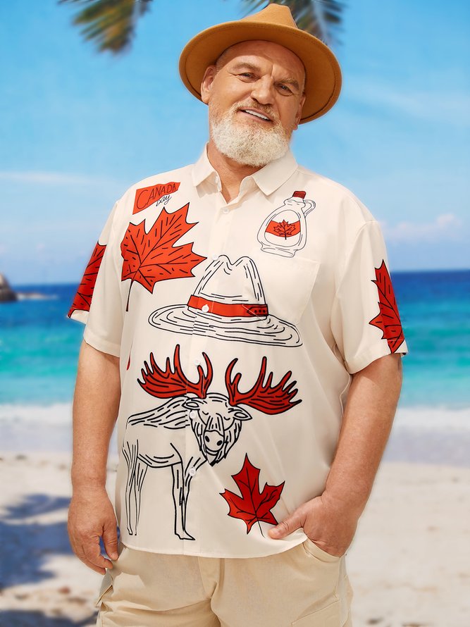 Side view of Men Casual Plants Summer Polyester Micro-Elasticity Holiday Short Sleeve H-Line Plus Size Aloha Shirts