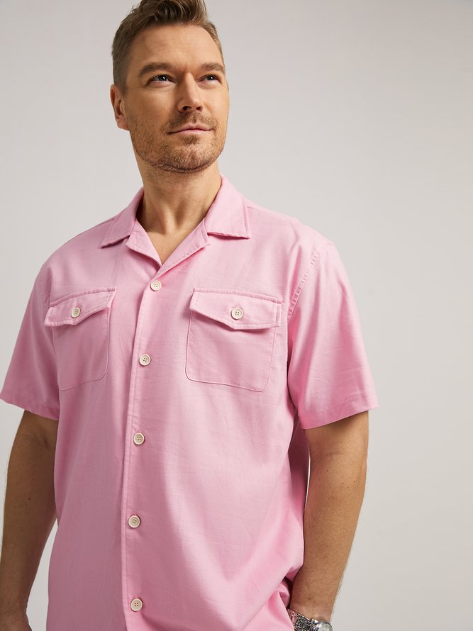 Side view of Men Casual Plain Summer No Elasticity Loose Commuting Short Sleeve Cotton H-Line Aloha Shirts