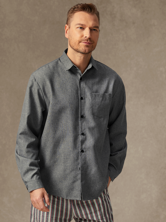 Side view of Men Casual Plain Spring/Fall No Elasticity Commuting Loose Long Sleeve Regular Shirt Collar Aloha Shirts