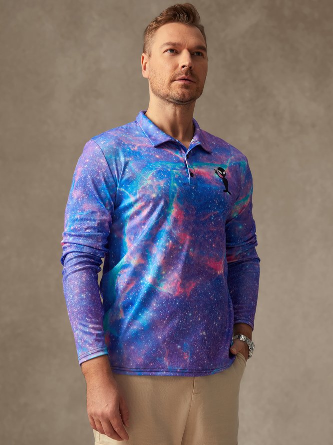Gradient Cosmos Alien Button Long Sleeve Casual Polo Shirt