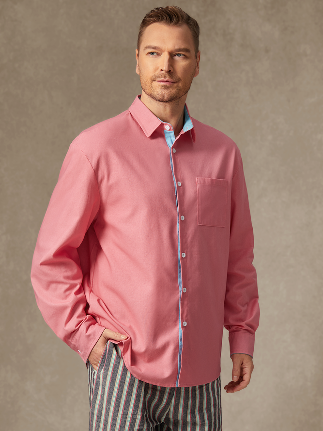 Side view of Men Casual Color Block Spring/Fall Breathable Loose Commuting Cotton Regular Pocket Stitching Aloha Shirts