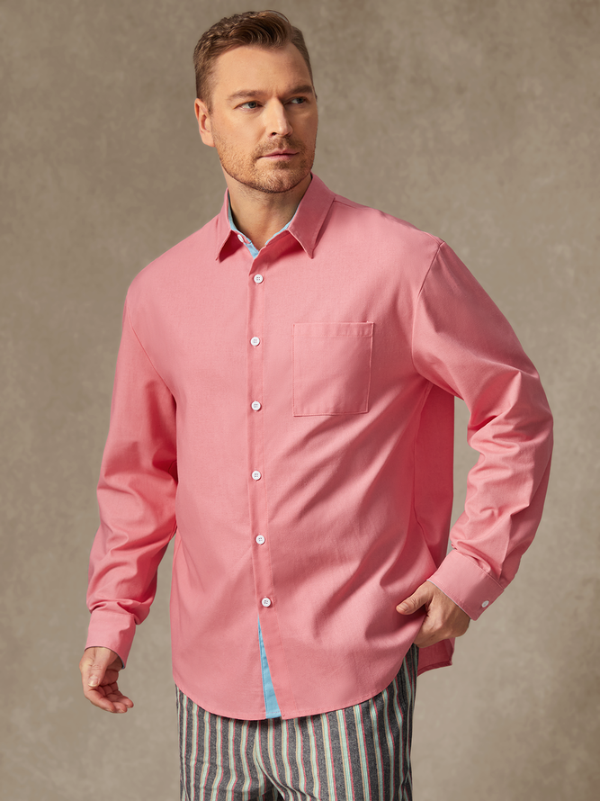 Side view of Men Casual Color Block Spring/Fall Breathable Loose Commuting Cotton Regular Pocket Stitching Aloha Shirts