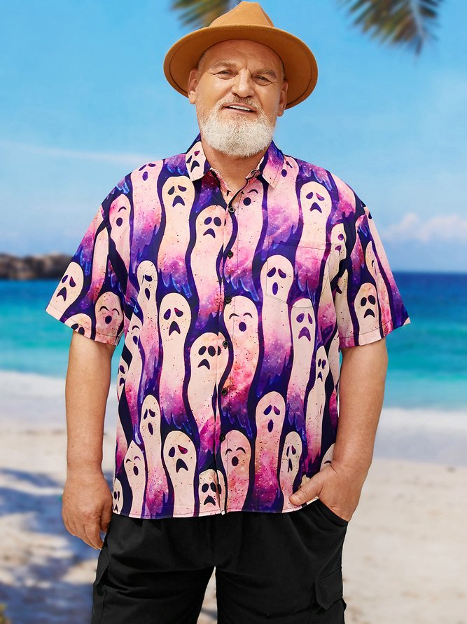 Side view of Men Casual Summer Halloween Polyester Oversize Regular Shirt Collar Plus Size Pocket Stitching Aloha Shirts