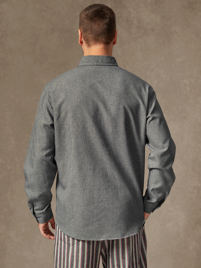 Side view of Men Casual Plain Spring/Fall No Elasticity Commuting Loose Long Sleeve Regular Shirt Collar Aloha Shirts