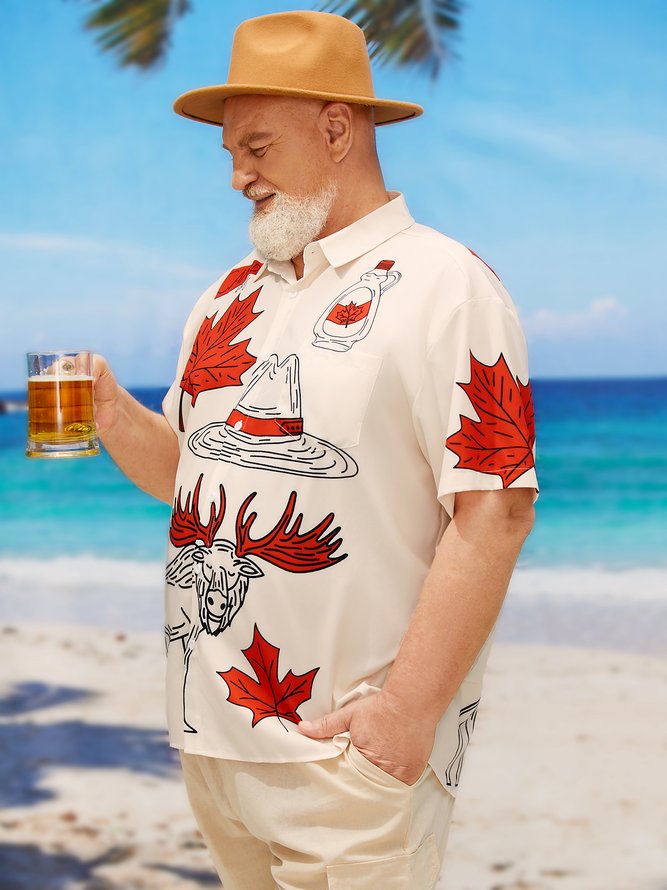 Side view of Men Casual Plants Summer Polyester Micro-Elasticity Holiday Short Sleeve H-Line Plus Size Aloha Shirts