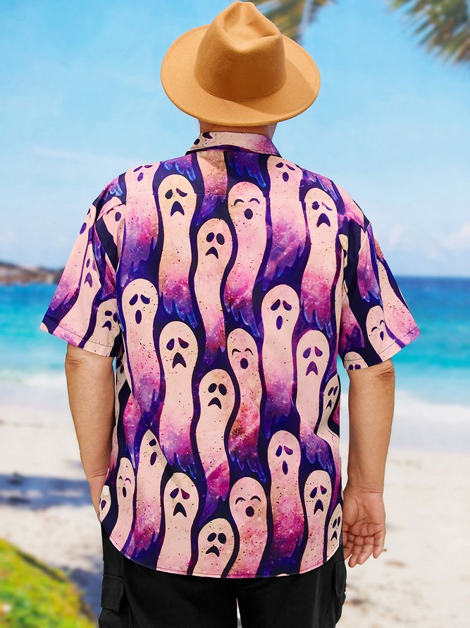 Side view of Men Casual Summer Halloween Polyester Oversize Regular Shirt Collar Plus Size Pocket Stitching Aloha Shirts