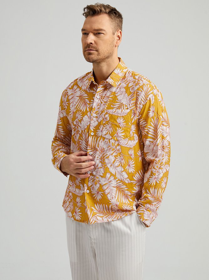 Side view of Men Casual Spring/Fall Plants No Elasticity Moisture Permeability Cotton H-Line Regular Shirt Collar Aloha Shirts