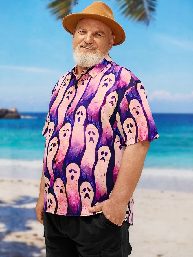 Side view of Men Casual Summer Halloween Polyester Oversize Regular Shirt Collar Plus Size Pocket Stitching Aloha Shirts
