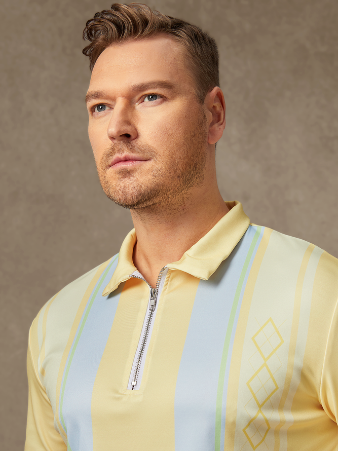Mid Century Geometric Zip Long Sleeve Casual Bowling Polo Shirt