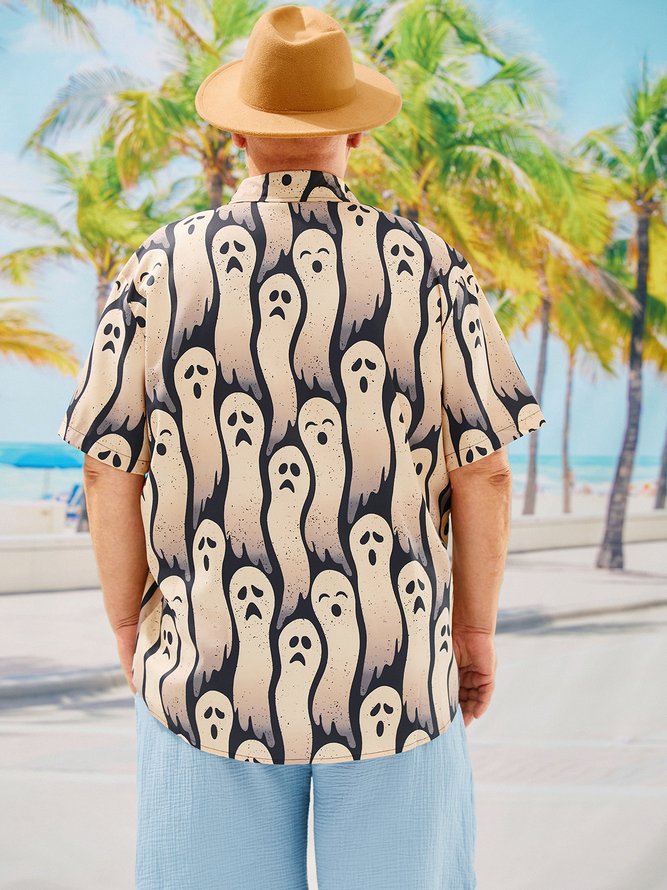 Side view of Men Casual Summer Halloween Polyester Lightweight Micro-Elasticity Oversize Regular Pocket Stitching Aloha Shirts
