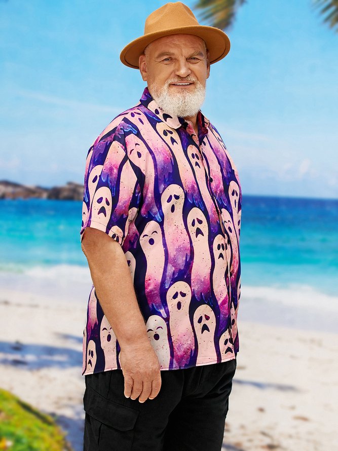 Side view of Men Casual Summer Halloween Polyester Oversize Regular Shirt Collar Plus Size Pocket Stitching Aloha Shirts
