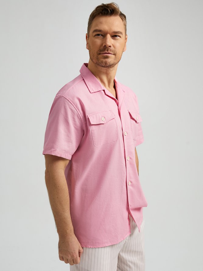 Side view of Men Casual Plain Summer No Elasticity Loose Commuting Short Sleeve Cotton H-Line Aloha Shirts