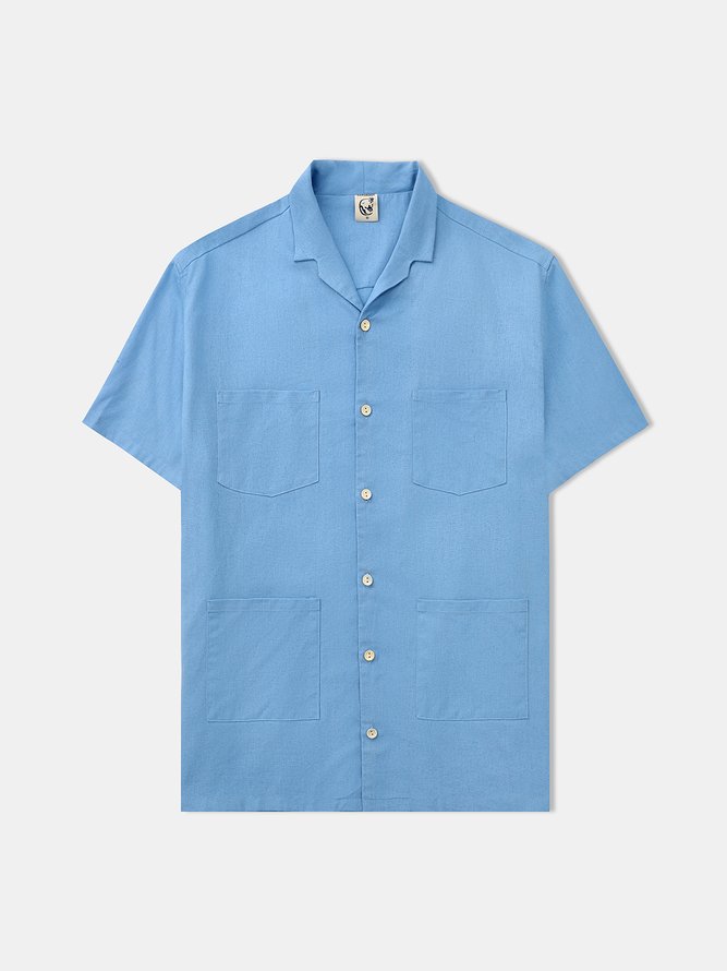 Side view of Men Casual Plain Summer Natural No Elasticity Breathable Regular H-Line Regular Aloha Shirts