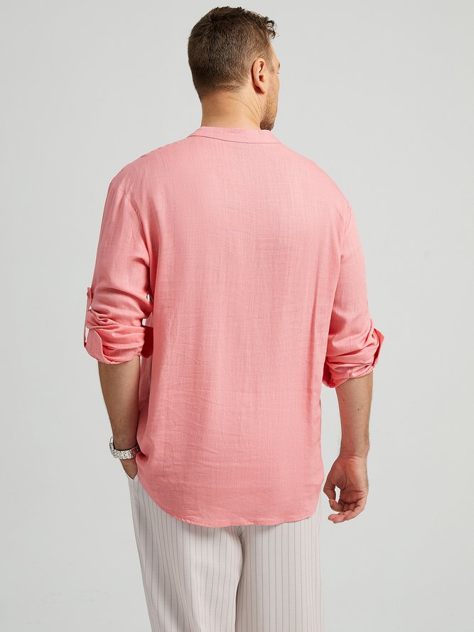 Side view of Men Casual Spring/Fall Hula Girl Stand Collar Natural Breathable Loose Commuting Cotton Aloha Shirts