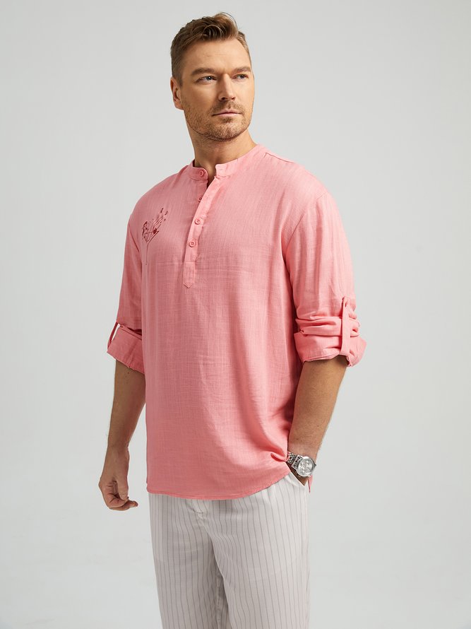 Side view of Men Casual Spring/Fall Hula Girl Stand Collar Natural Breathable Loose Commuting Cotton Aloha Shirts