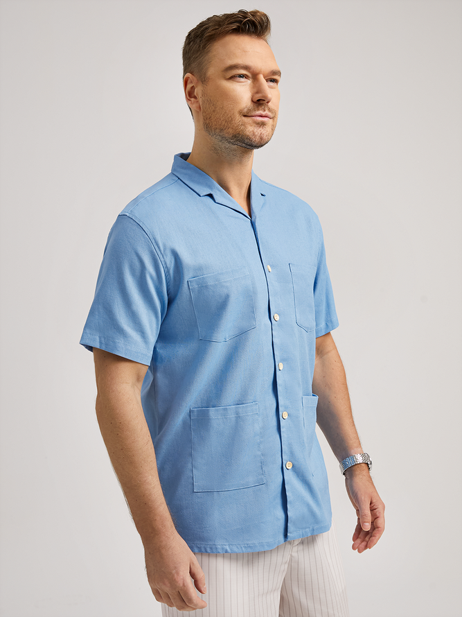 Side view of Men Casual Plain Summer Natural No Elasticity Breathable Regular H-Line Regular Aloha Shirts