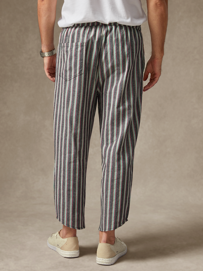 Side view of Men Striped Casual Spring/Fall Natural No Elasticity Capris Cotton H-Line Regular Pants