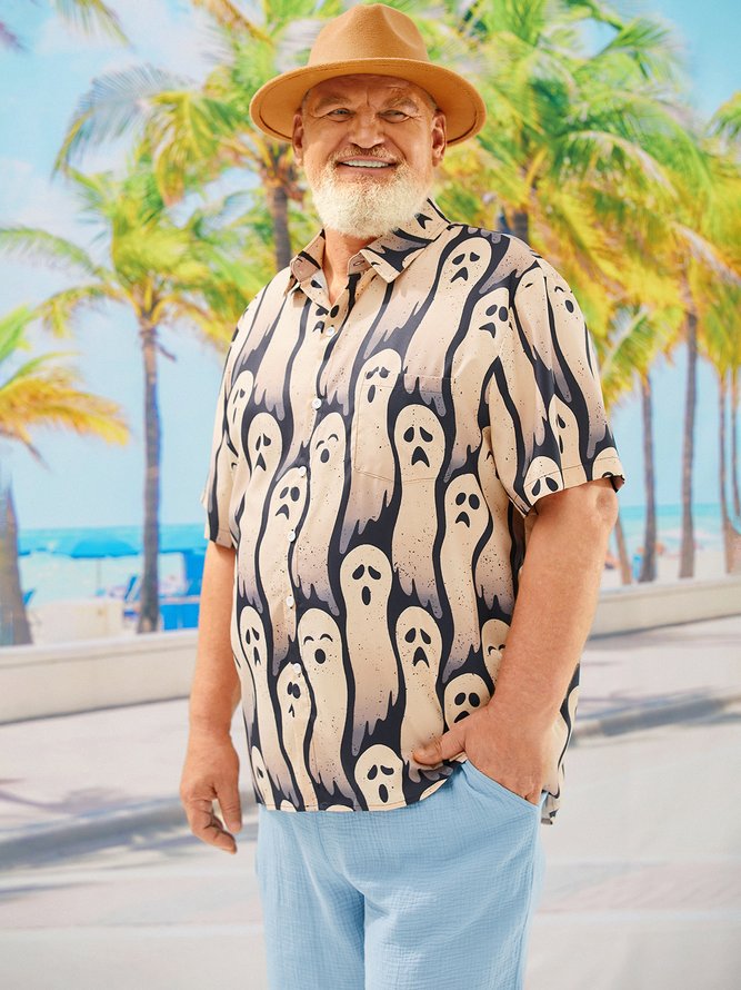Side view of Men Casual Summer Halloween Polyester Lightweight Micro-Elasticity Oversize Regular Pocket Stitching Aloha Shirts