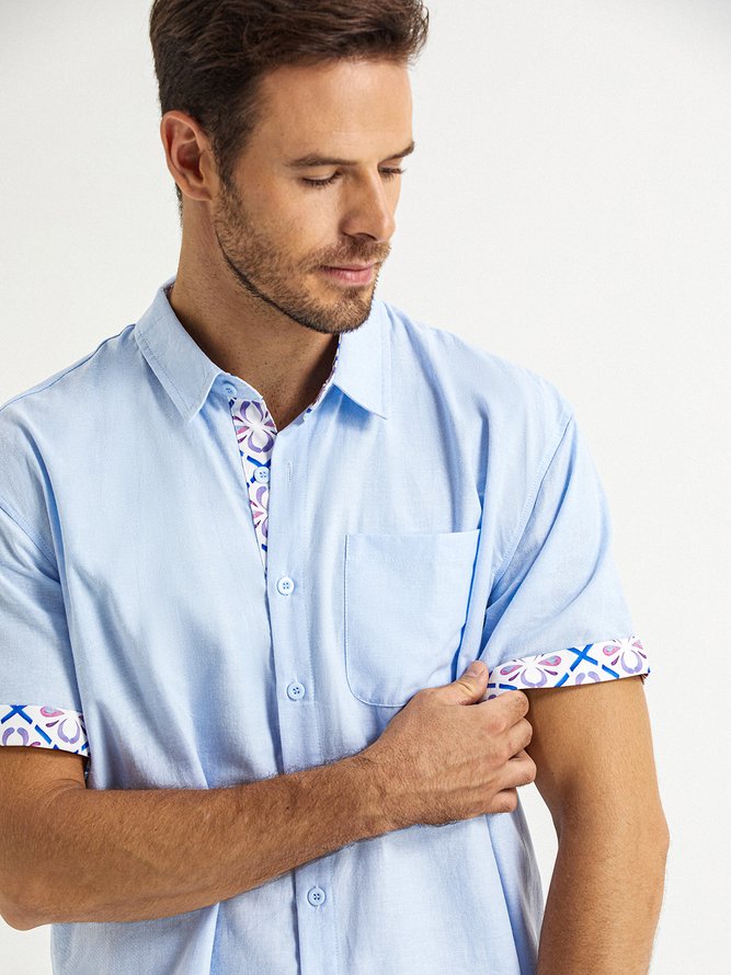 Side view of Men Plain Summer Vacation No Elasticity Moisture Permeability Short Sleeve Cotton H-Line Shirt Collar Aloha Shirts