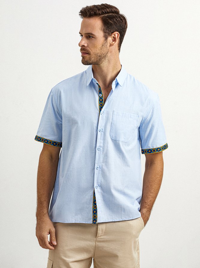 Side view of Men Geometric Summer Vacation Natural Micro-Elasticity Loose Short Sleeve H-Line Shirt Collar Aloha Shirts