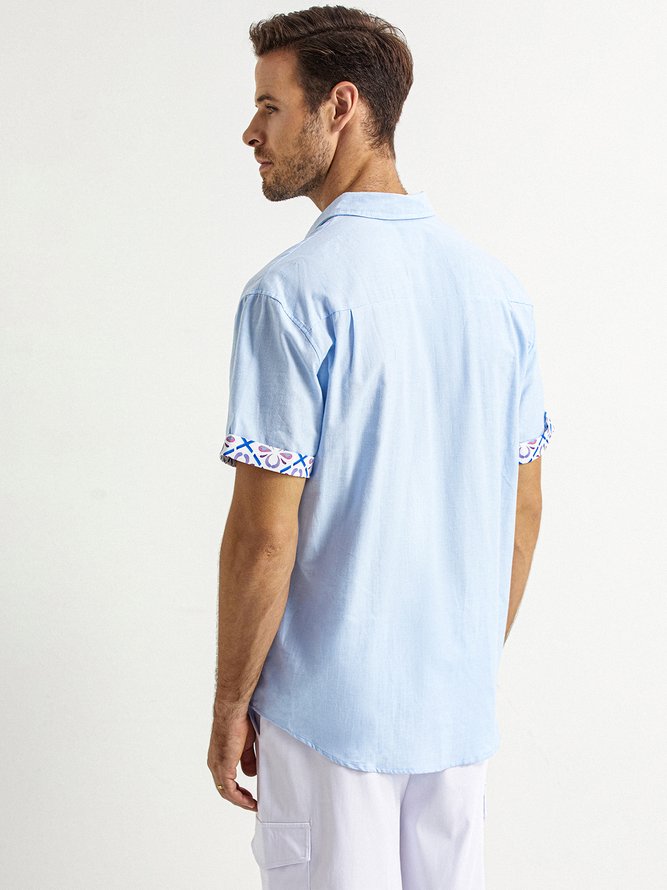 Side view of Men Plain Summer Vacation No Elasticity Moisture Permeability Short Sleeve Cotton H-Line Shirt Collar Aloha Shirts