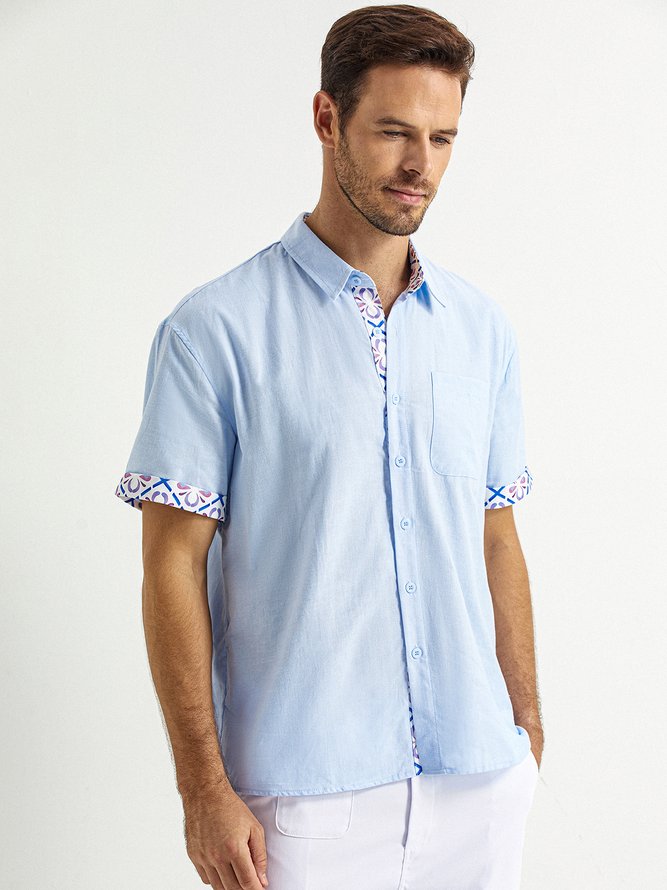 Side view of Men Plain Summer Vacation No Elasticity Moisture Permeability Short Sleeve Cotton H-Line Shirt Collar Aloha Shirts