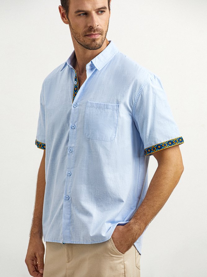 Side view of Men Geometric Summer Vacation Natural Micro-Elasticity Loose Short Sleeve H-Line Shirt Collar Aloha Shirts