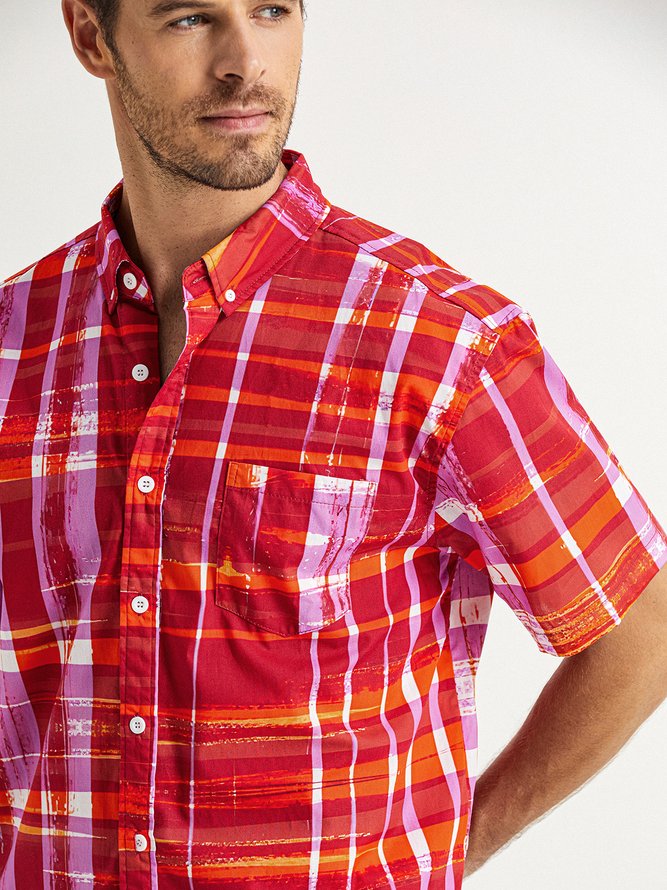 Side view of Men Casual Summer Plaid Lightweight No Elasticity Short Sleeve Regular H-Line Shirt Collar Aloha Shirts