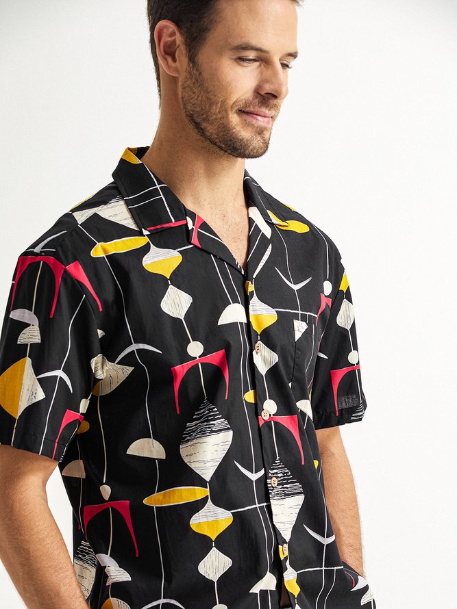 Side view of Men Geometric Summer Vacation No Elasticity Breathable Loose Short Sleeve Cotton Camp Collar Aloha Shirts