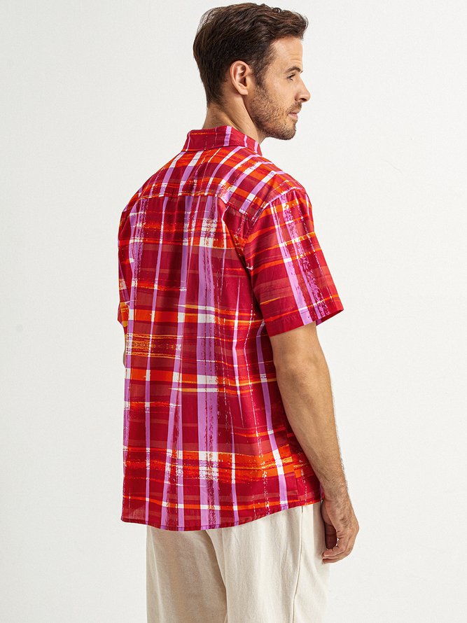 Side view of Men Casual Summer Plaid Lightweight No Elasticity Short Sleeve Regular H-Line Shirt Collar Aloha Shirts